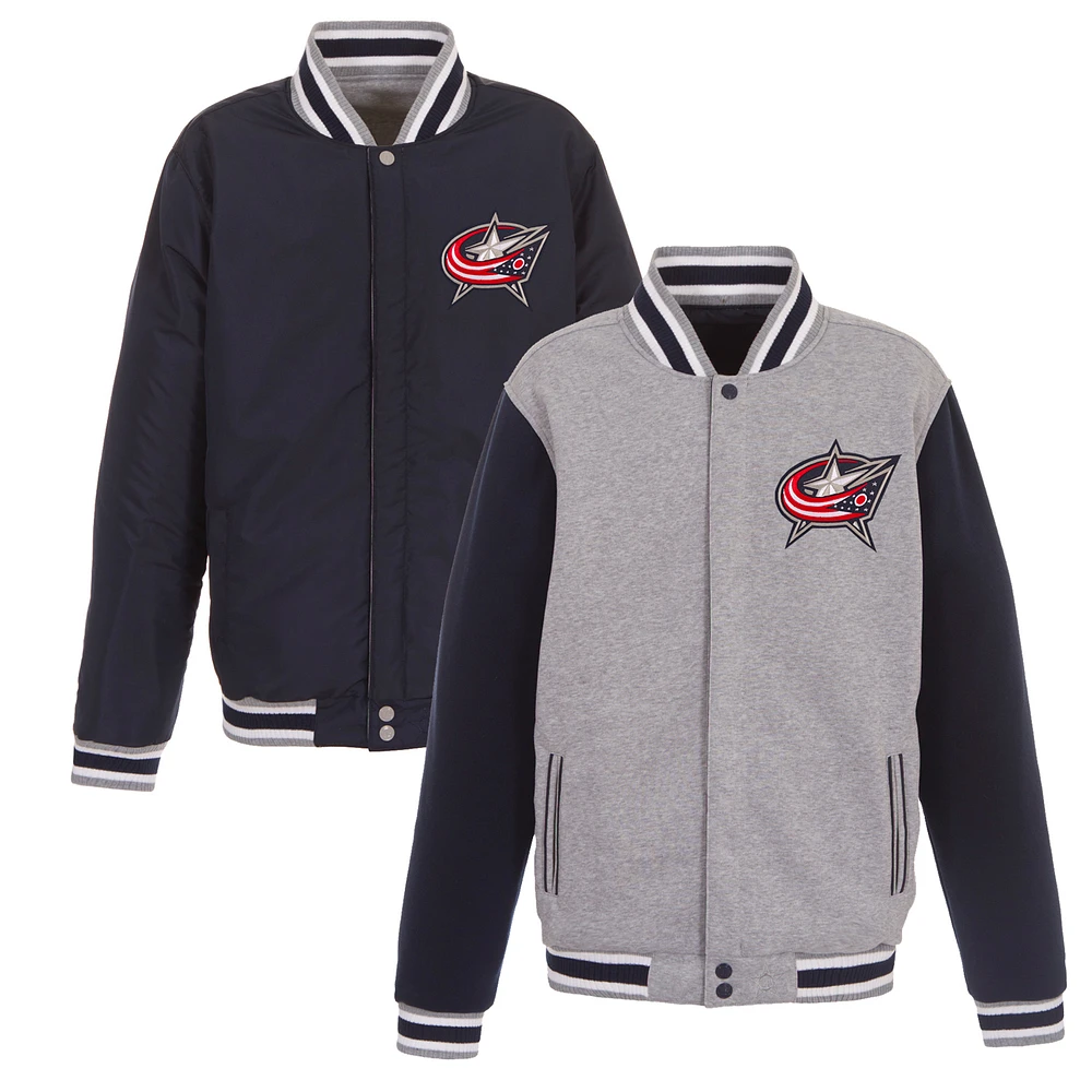Men's JH Design Gray/Navy Columbus Blue Jackets Embroidered Reversible Full Snap Fleece Jacket
