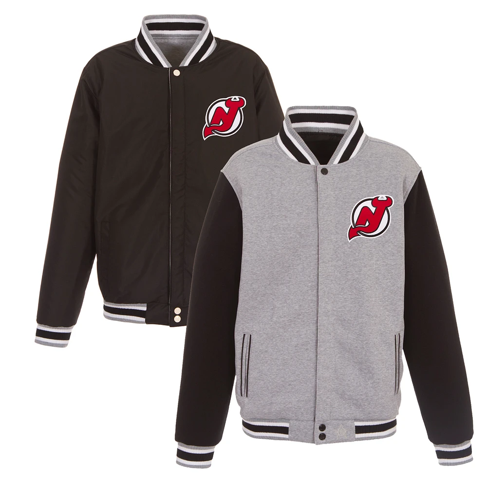 Men's JH Design Gray/Black New Jersey Devils Embroidered Reversible Full Snap Fleece Jacket