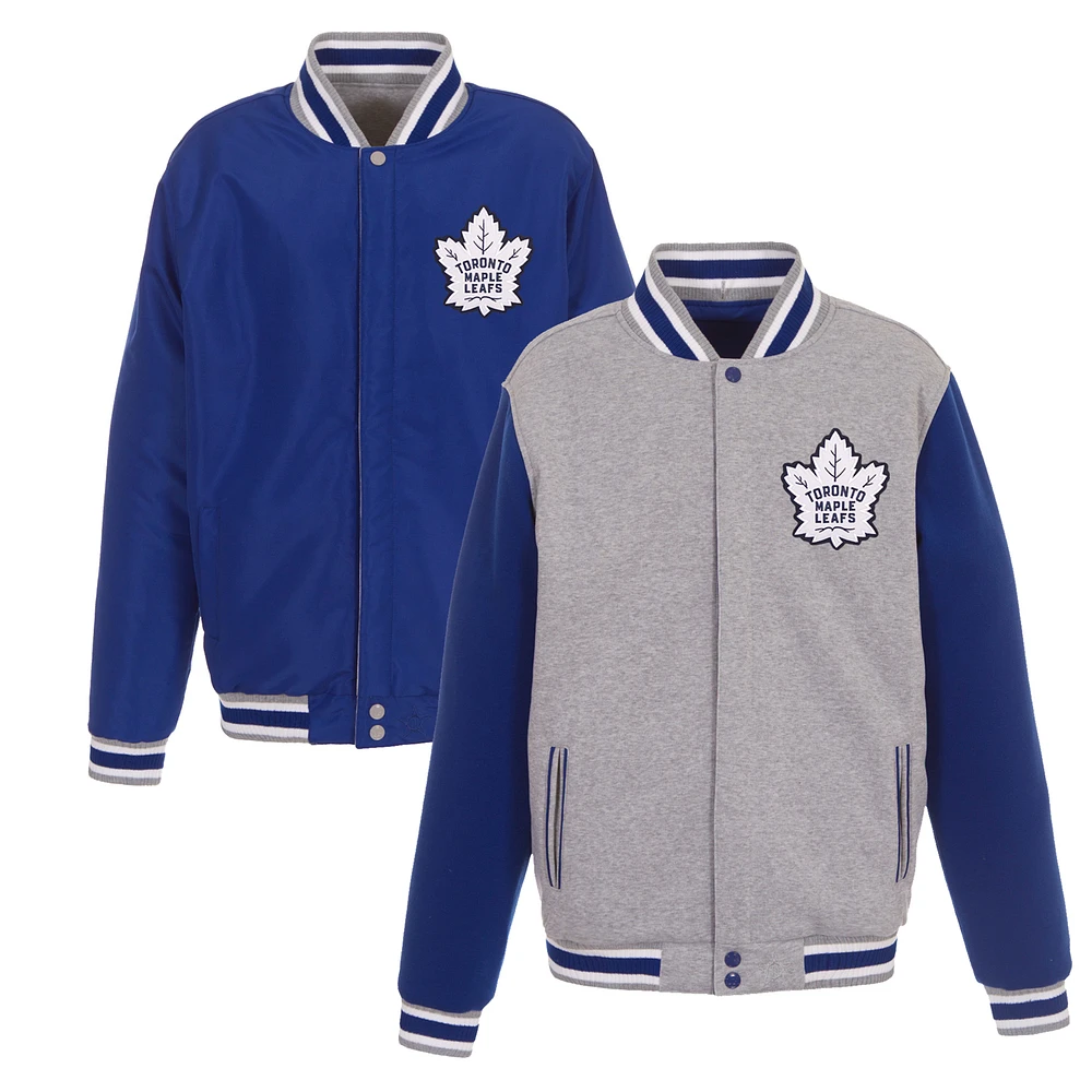 Men's JH Design Gray/Royal Toronto Maple Leafs Embroidered Reversible Full Snap Fleece Jacket