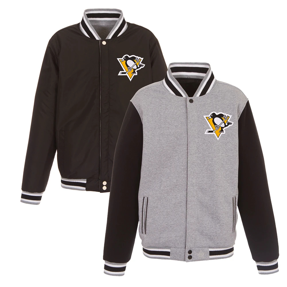 Men's JH Design Gray/Black Pittsburgh Penguins Embroidered Reversible Full Snap Fleece Jacket