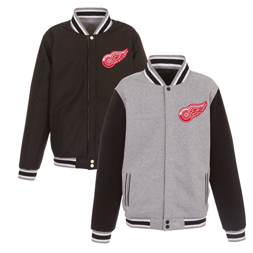 Men's JH Design Gray/Black Detroit Red Wings Embroidered Reversible Full Snap Fleece Jacket