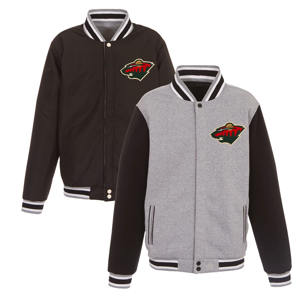 Men's JH Design Gray/Black Minnesota Wild Embroidered Reversible Full Snap Fleece Jacket