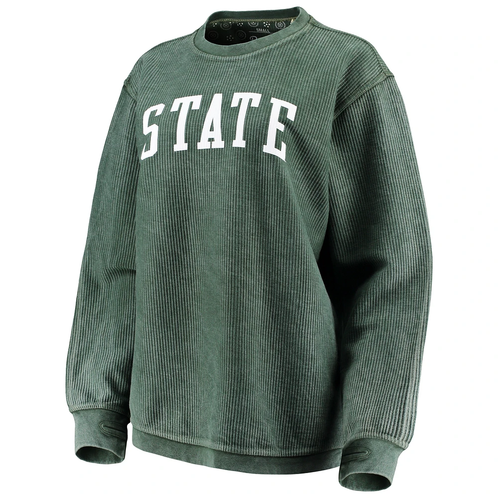 Women's Pressbox Michigan State Spartans Comfy Cord Vintage Wash Basic Arch Pullover Sweatshirt