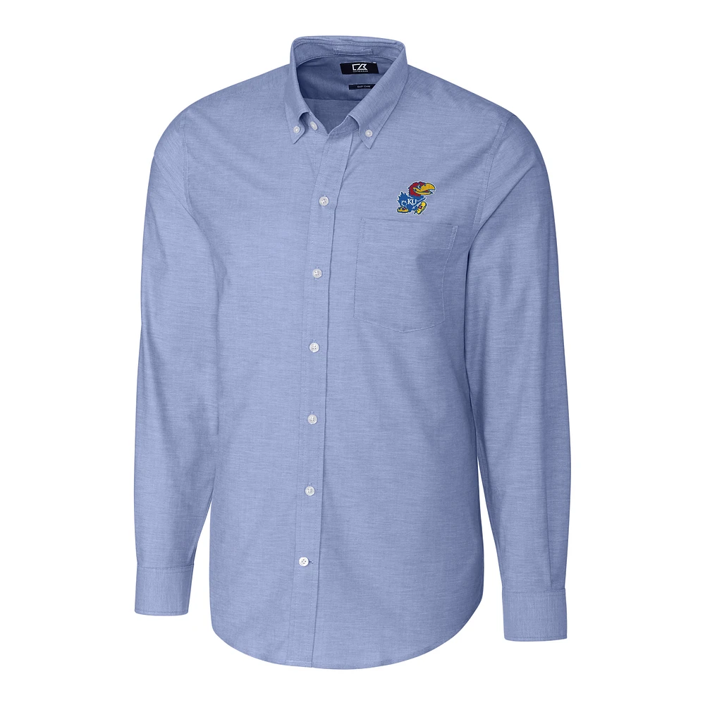 Men's Cutter & Buck Blue Kansas Jayhawks Stretch Oxford Big Tall Long Sleeve Button-Down Shirt