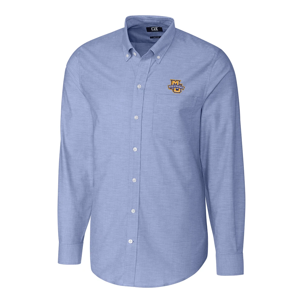 Men's Cutter & Buck Blue Marquette Golden Eagles Stretch Oxford Big Tall Long Sleeve Button-Down Shirt