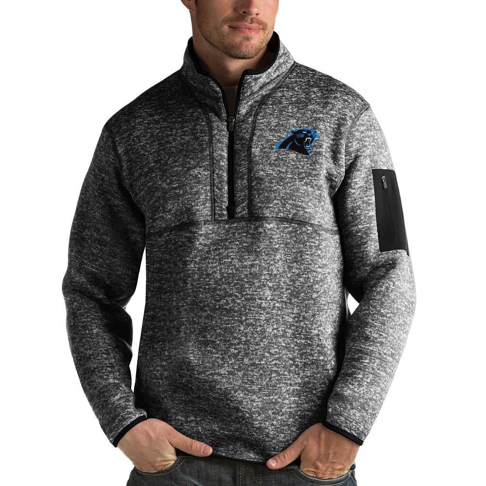 Men's Antigua Heather Black Carolina Panthers Fortune Quarter-Zip Pullover Jacket