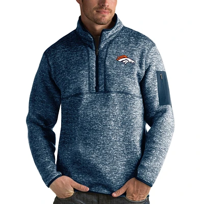 Men's Antigua Heather Navy Denver Broncos Fortune Quarter-Zip Pullover Jacket