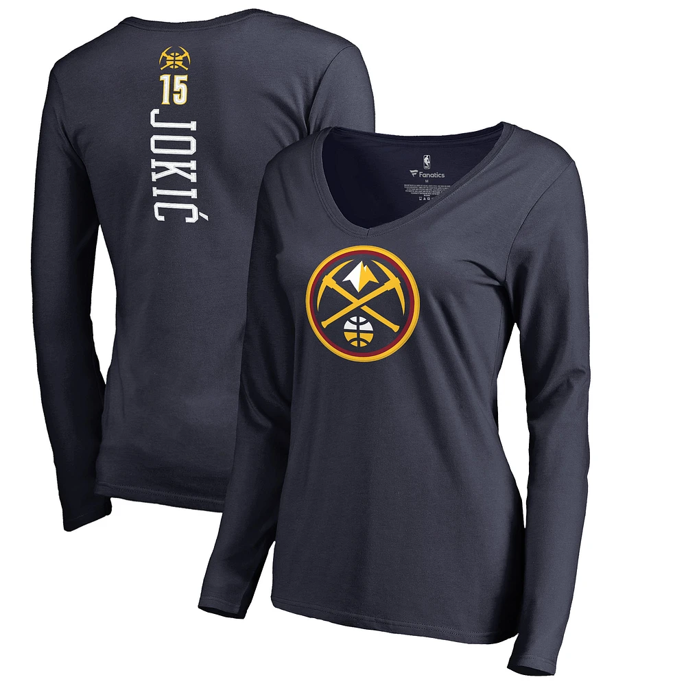 Women's Nikola Jokic Navy Denver Nuggets Team Backer Name & Number Long Sleeve V-Neck T-Shirt