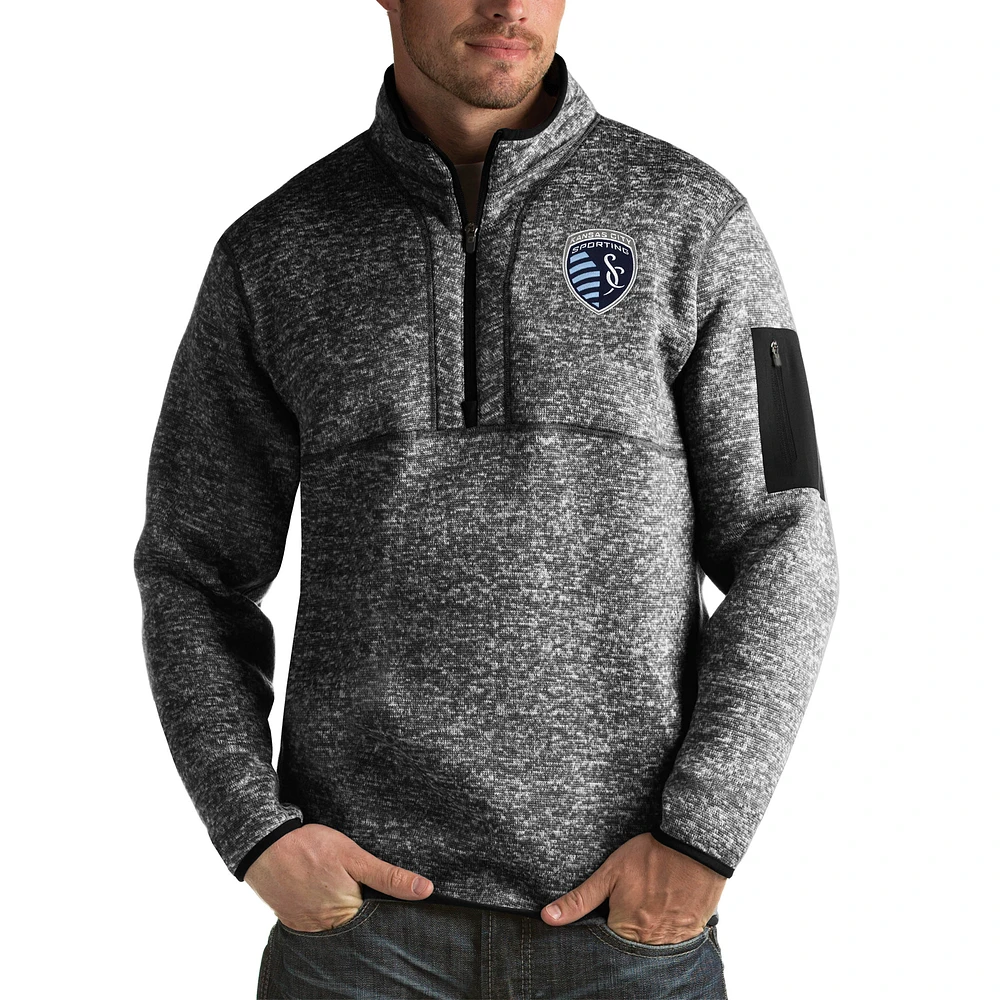 Men's Antigua Black Sporting Kansas City Fortune Big & Tall Quarter-Zip Pullover Jacket