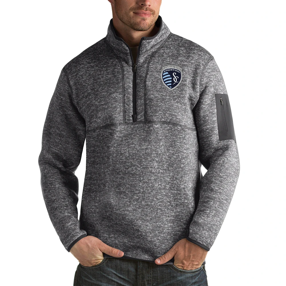 Men's Antigua Heather Black Sporting Kansas City Fortune Big & Tall Quarter-Zip Pullover Jacket