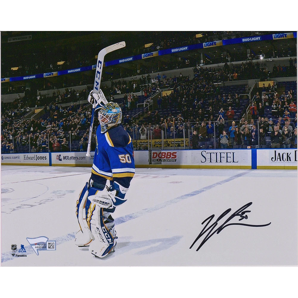 Jordan Binnington St. Louis Blues Autographed 8'' x 10'' Stick Salute Photograph