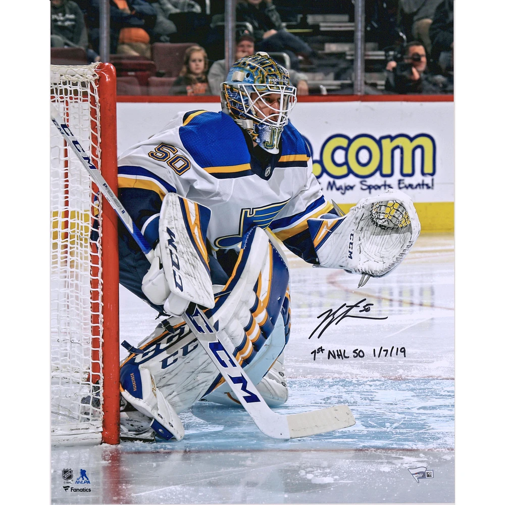 Jordan Binnington St. Louis Blues Autographed 16" x 20" Photograph with "1st NHL SO 1/7/19" Inscription