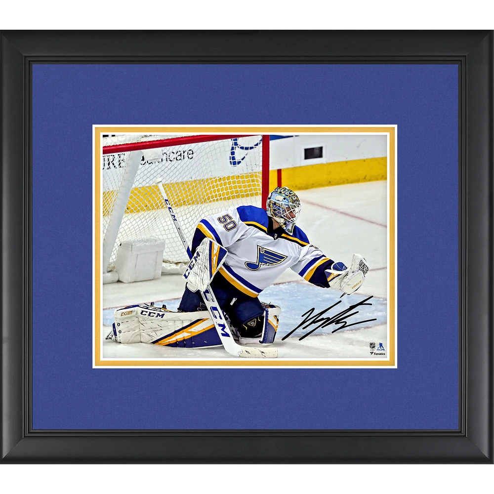 Jordan Binnington St. Louis Blues Framed Autographed 8'' x 10'' Glove Save Photograph