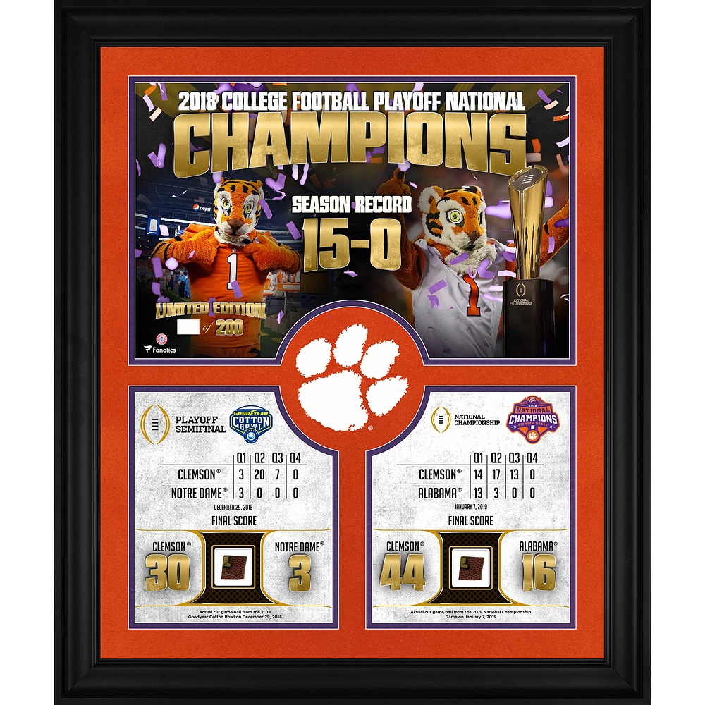 Clemson Tigers Framed 20" x 24" 2018 College Football Playoff Champions Collage with a Piece of Game Used Football from both the 2018 Cotton Bowl and 2019 National Championship Game - Limited Edition of 200