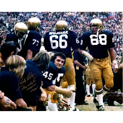 Rudy Ruettiger Notre Dame Fighting Irish Autographed 16" x 20" Sideline Photograph with "Play Like A Champ Today" Inscription