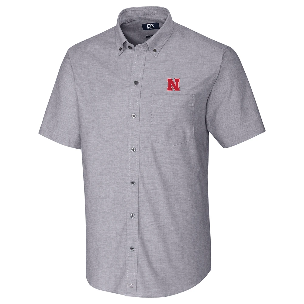 Men's Cutter & Buck Charcoal Nebraska Huskers Stretch Oxford Button-Down Short Sleeve Shirt
