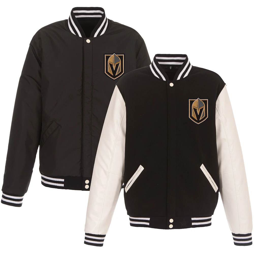 Men's JH Design Black/White Vegas Golden Knights Reversible Fleece Jacket with Faux Leather Sleeves