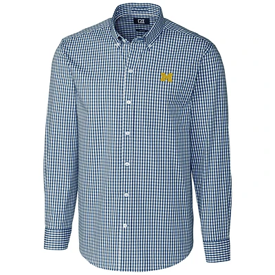 Men's Cutter & Buck Navy Michigan Wolverines Big & Tall Stretch Gingham Long Sleeve Button Down Shirt