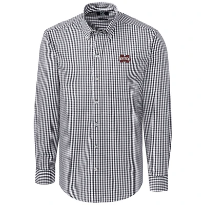 Men's Cutter & Buck Charcoal Mississippi State Bulldogs Big Tall Stretch Gingham Long Sleeve Button Down Shirt