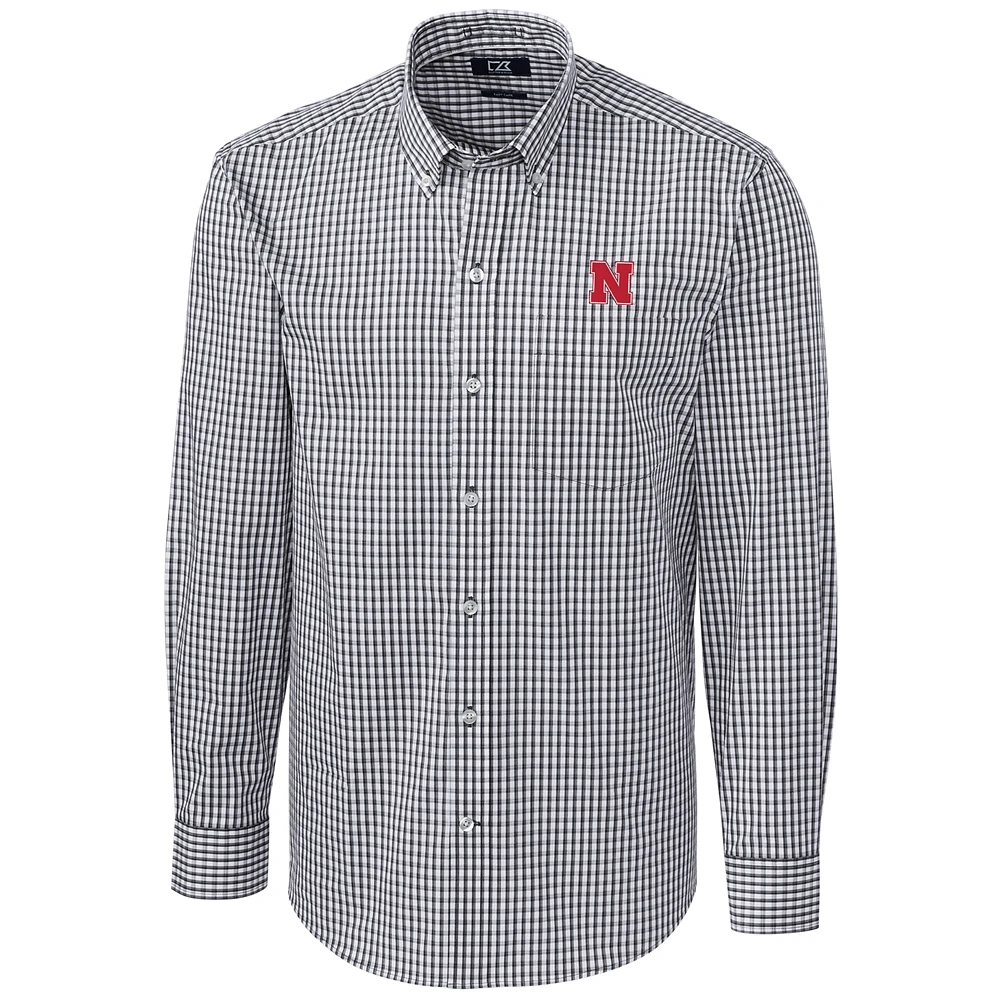 Men's Cutter & Buck Charcoal Nebraska Huskers Big Tall Stretch Gingham Long Sleeve Button Down Shirt