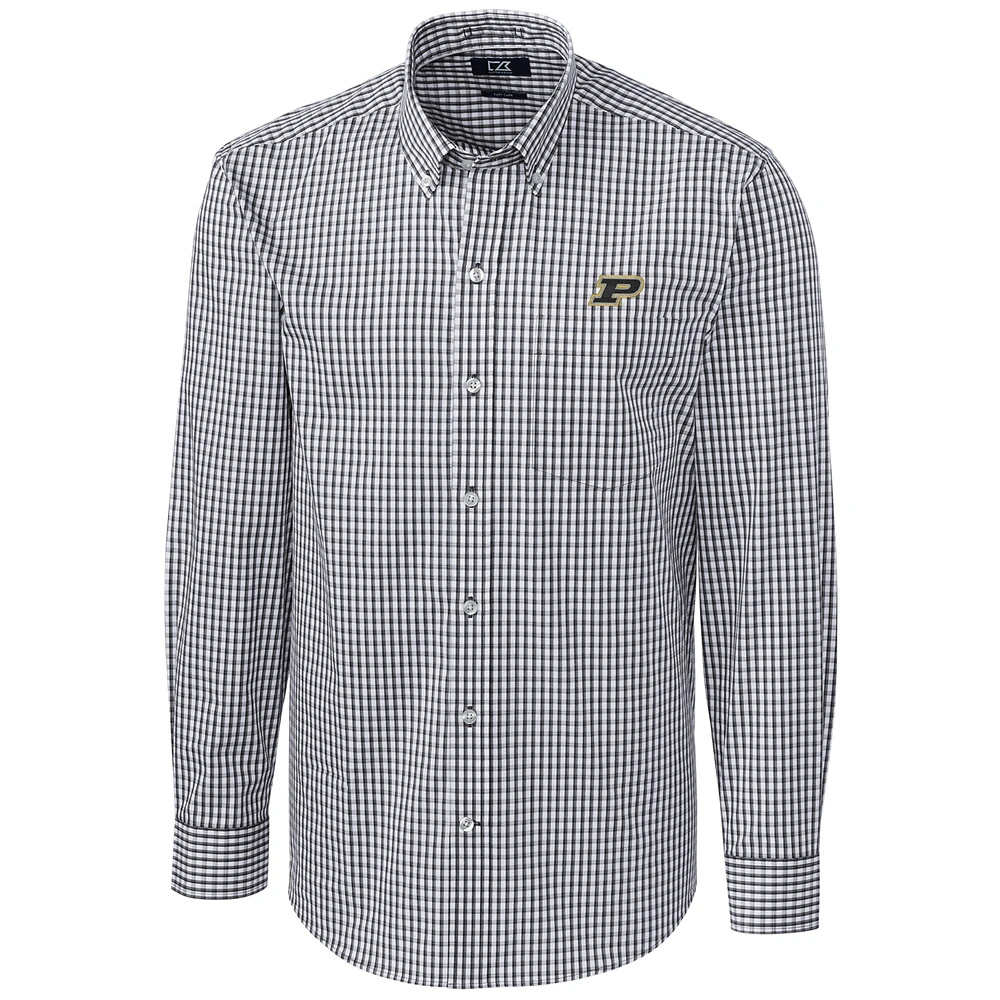 Men's Cutter & Buck Charcoal Purdue Boilermakers Big Tall Stretch Gingham Long Sleeve Button Down Shirt