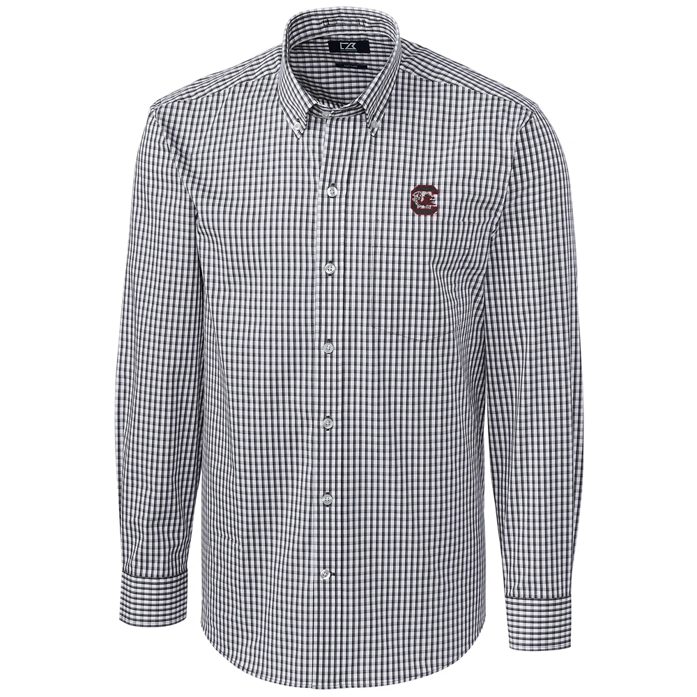 Men's Cutter & Buck Charcoal South Carolina Gamecocks Big Tall Stretch Gingham Long Sleeve Button Down Shirt