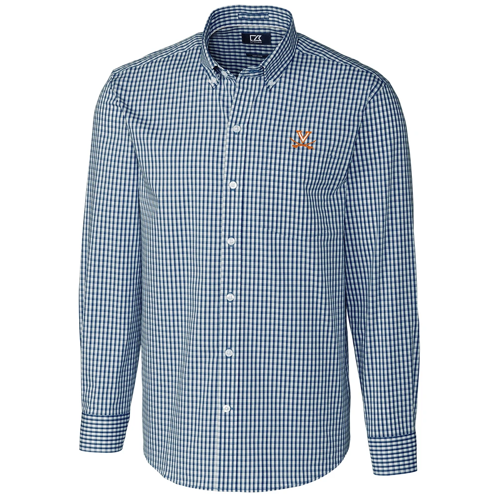 Men's Cutter & Buck Navy Virginia Cavaliers Big & Tall Stretch Gingham Long Sleeve Button Down Shirt