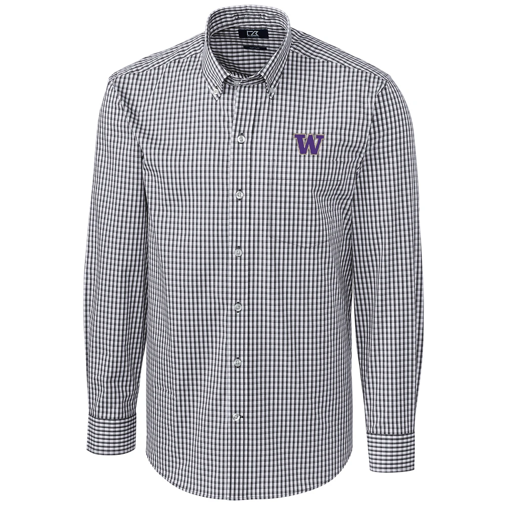 Men's Cutter & Buck Charcoal Washington Huskies Big & Tall Stretch Gingham Long Sleeve Button Down Shirt