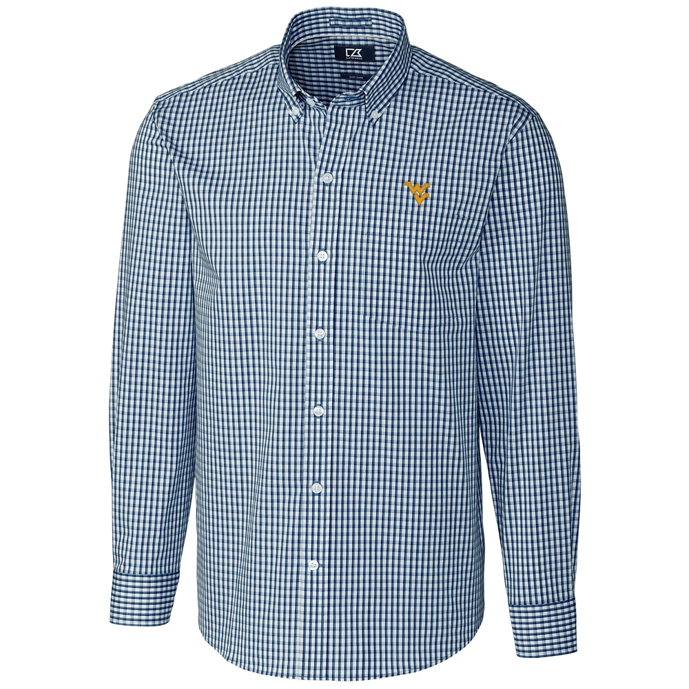 Men's Cutter & Buck Navy West Virginia Mountaineers Big Tall Stretch Gingham Long Sleeve Button Down Shirt