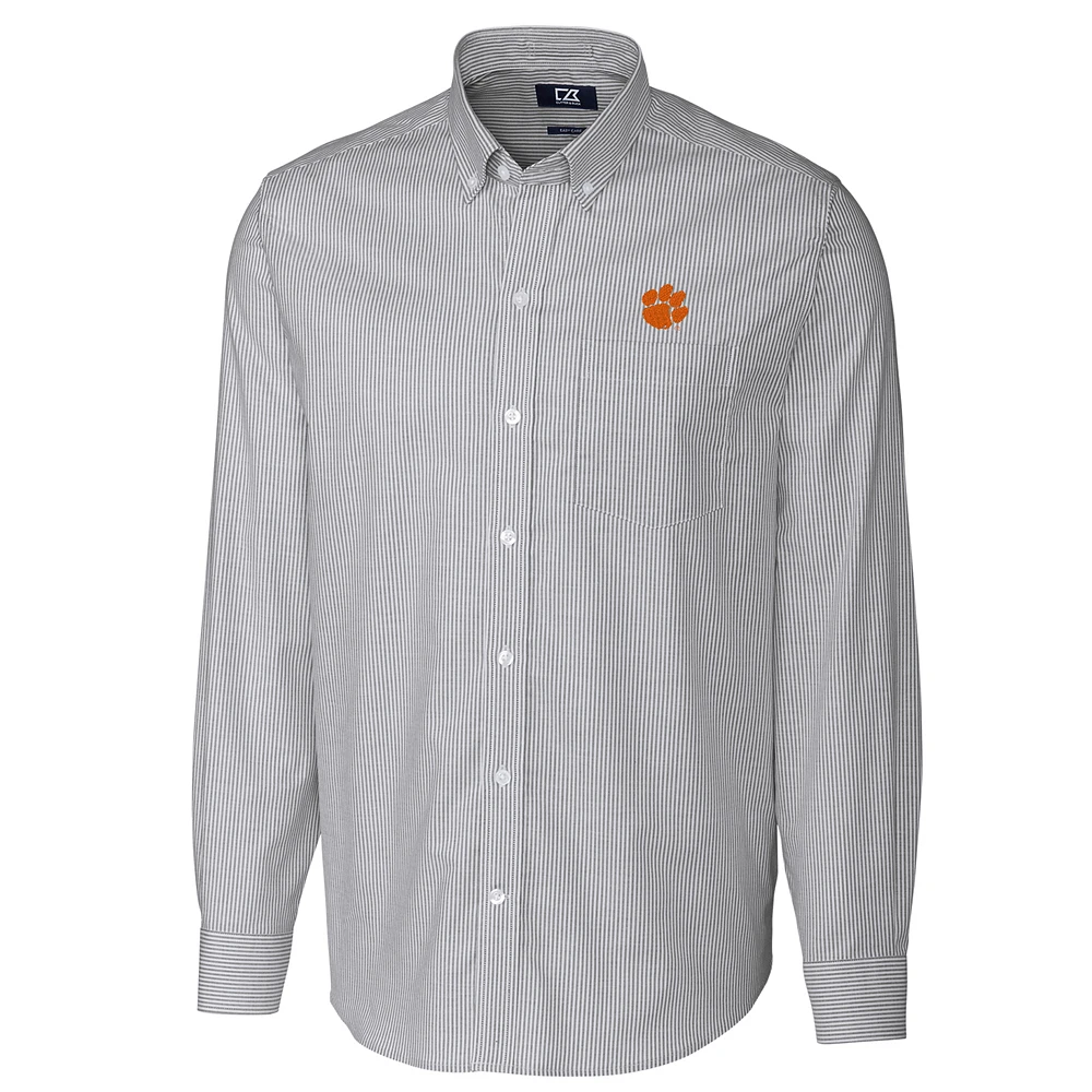Men's Cutter & Buck Charcoal Clemson Tigers Big & Tall Stretch Oxford Stripe Long Sleeve Button Down Shirt