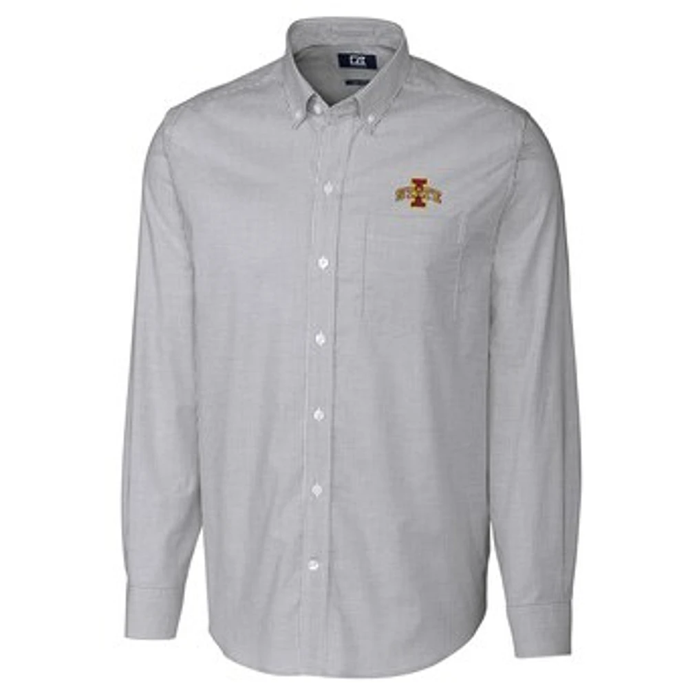 Men's Cutter & Buck Charcoal Iowa State Cyclones Big Tall Stretch Oxford Stripe Long Sleeve Button Down Shirt