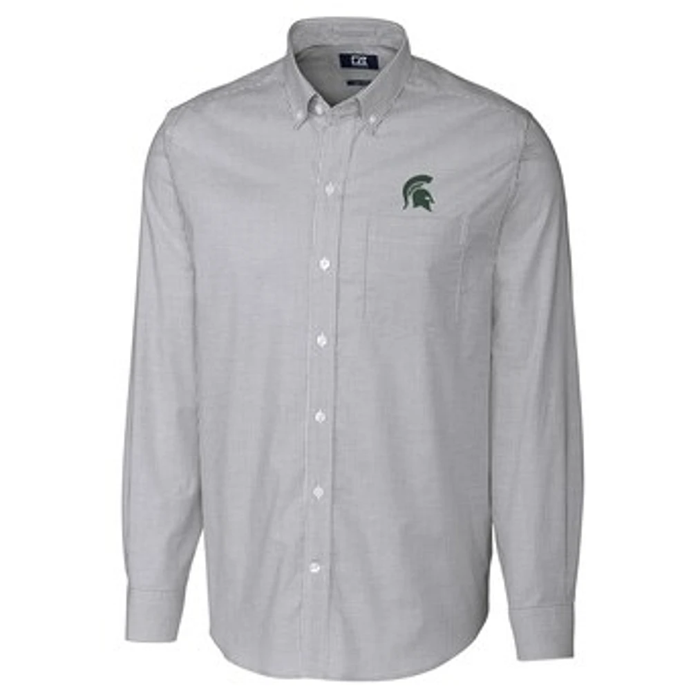 Men's Cutter & Buck Charcoal Michigan State Spartans Big Tall Stretch Oxford Stripe Long Sleeve Button Down Shirt