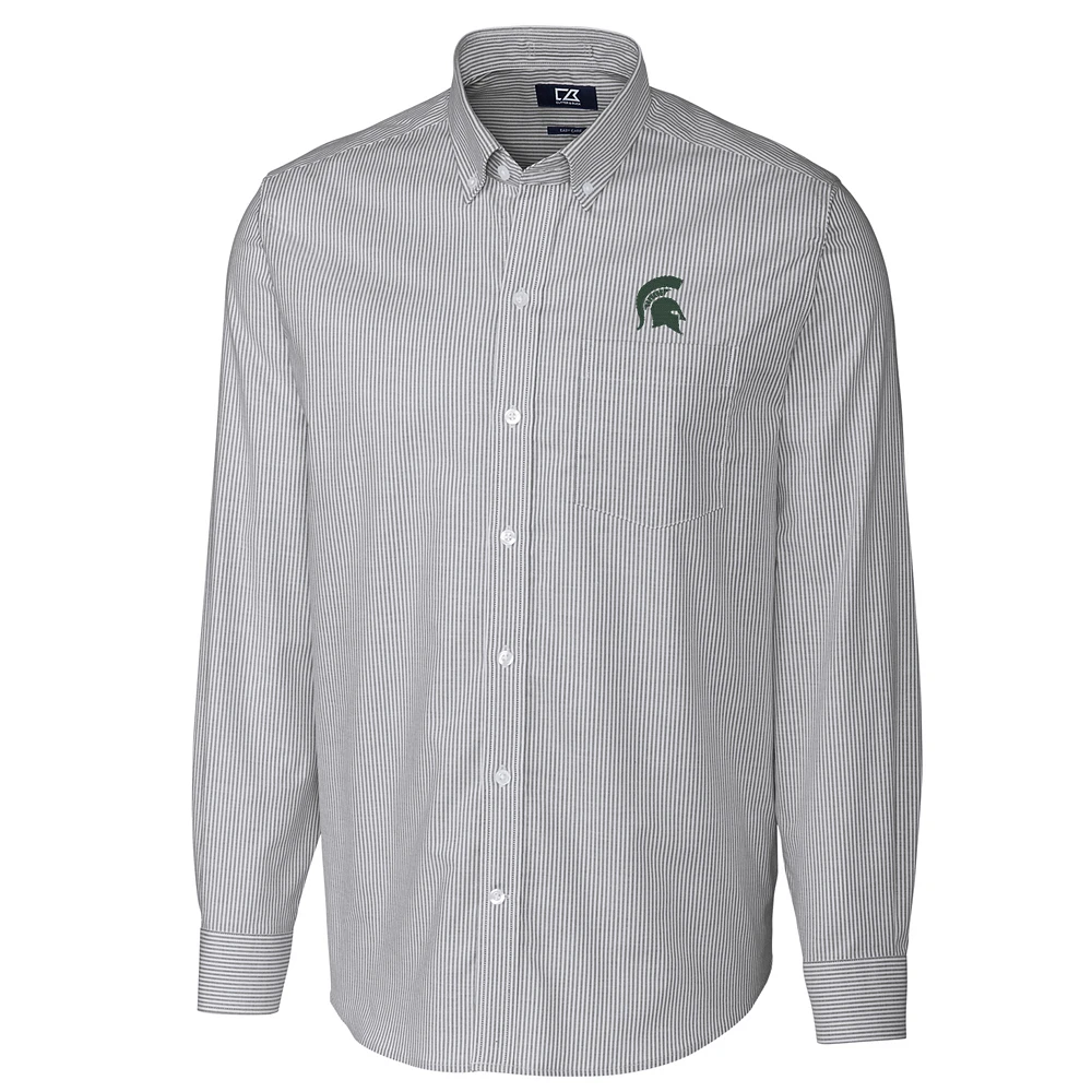 Men's Cutter & Buck Charcoal Michigan State Spartans Big Tall Stretch Oxford Stripe Long Sleeve Button Down Shirt