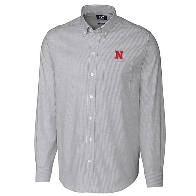 Men's Cutter & Buck Charcoal Nebraska Huskers Big Tall Stretch Oxford Stripe Long Sleeve Button Down Shirt