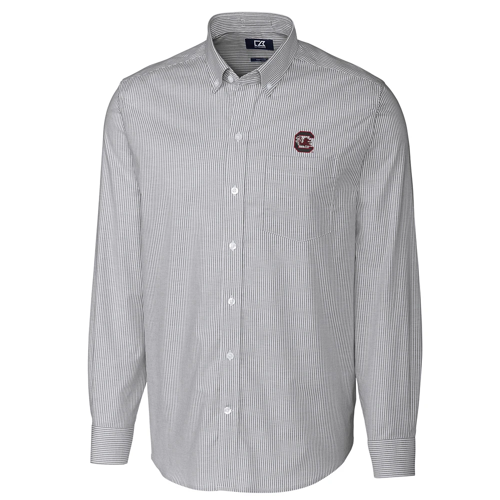 Men's Cutter & Buck Charcoal South Carolina Gamecocks Big & Tall Stretch Oxford Stripe Long Sleeve Button Down Shirt