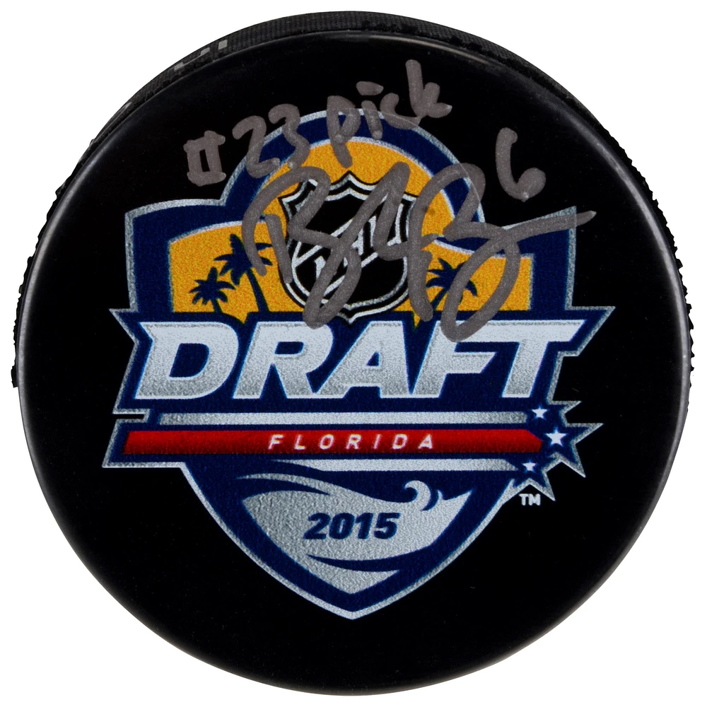 Brock Boeser Vancouver Canucks Autographed 2015 NHL Draft Logo Hockey Puck with "#23 Pick" Inscription