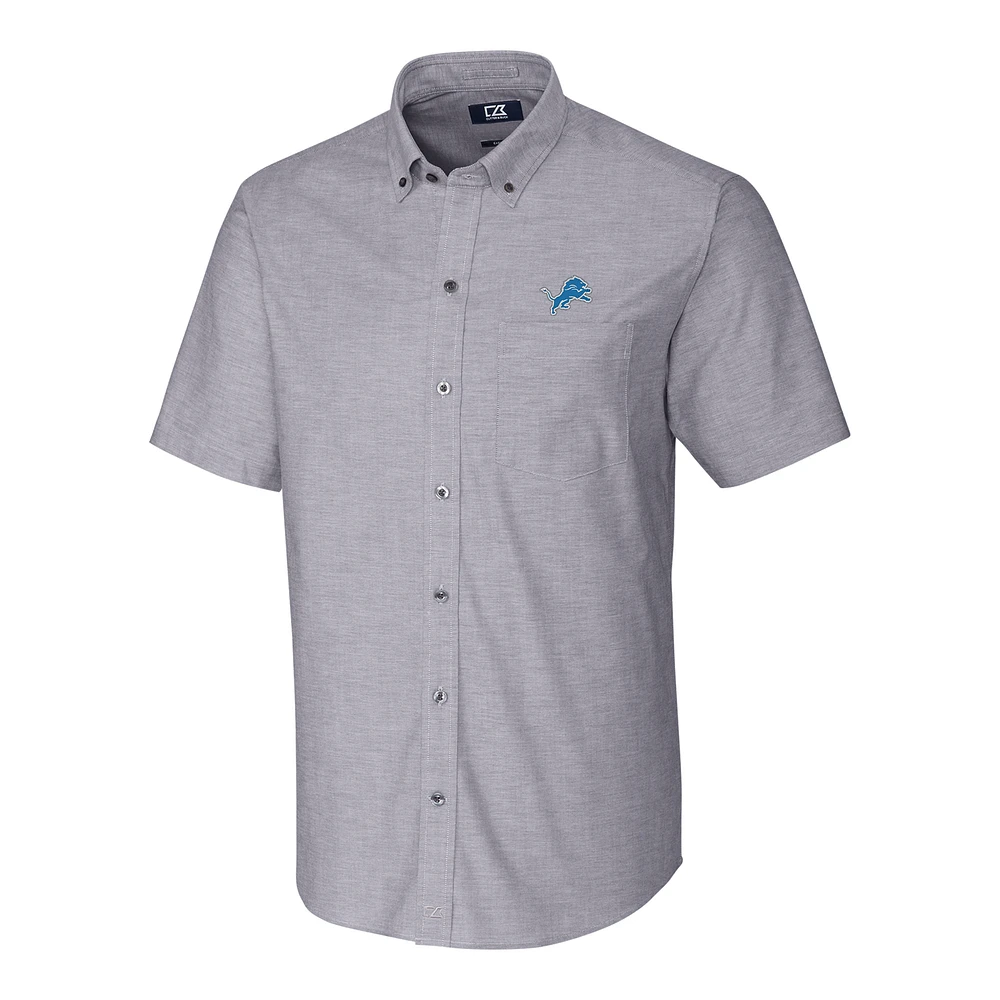 Men's Cutter & Buck Charcoal Detroit Lions Stretch Oxford Short Sleeve Woven Button Down Shirt