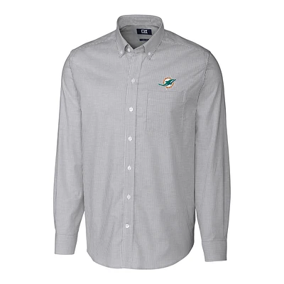 Men's Cutter & Buck Charcoal Miami Dolphins Big & Tall Stretch Striped Oxford Long Sleeve Woven Button Down Shirt