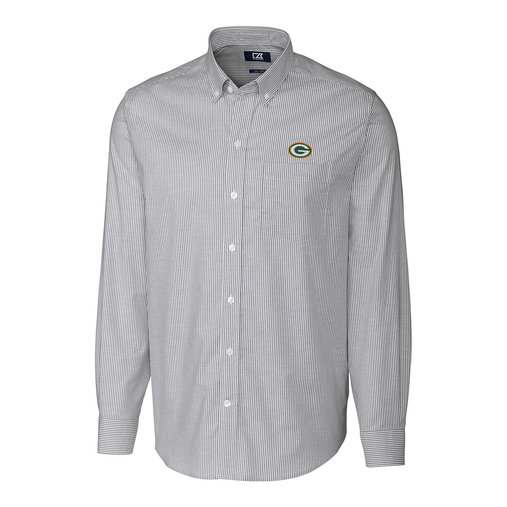 Men's Cutter & Buck Charcoal Green Bay Packers Big Tall Stretch Striped Oxford Long Sleeve Woven Button Down Shirt