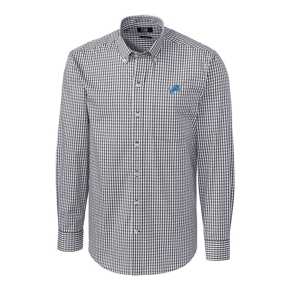 Men's Cutter & Buck Charcoal Detroit Lions Big Tall Stretch Gingham Long Sleeve Woven Button Down Shirt