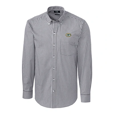 Men's Cutter & Buck Charcoal Green Bay Packers Big Tall Stretch Gingham Long Sleeve Woven Button Down Shirt