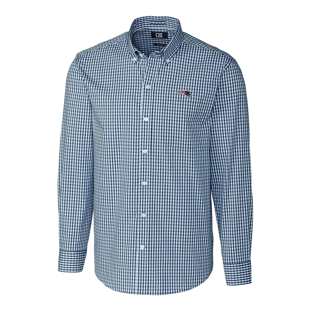 Men's Cutter & Buck Navy New England Patriots Big Tall Stretch Gingham Long Sleeve Woven Button Down Shirt