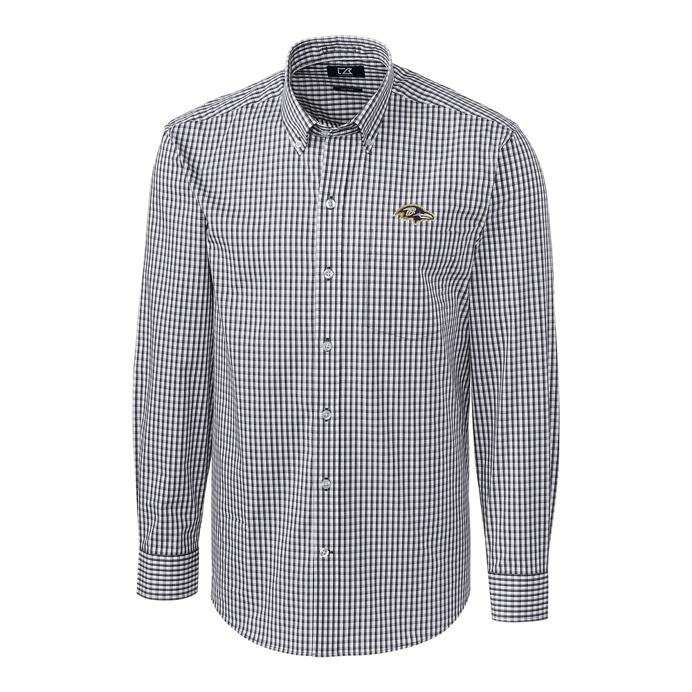 Men's Cutter & Buck Charcoal Baltimore Ravens Big Tall Stretch Gingham Long Sleeve Woven Button Down Shirt