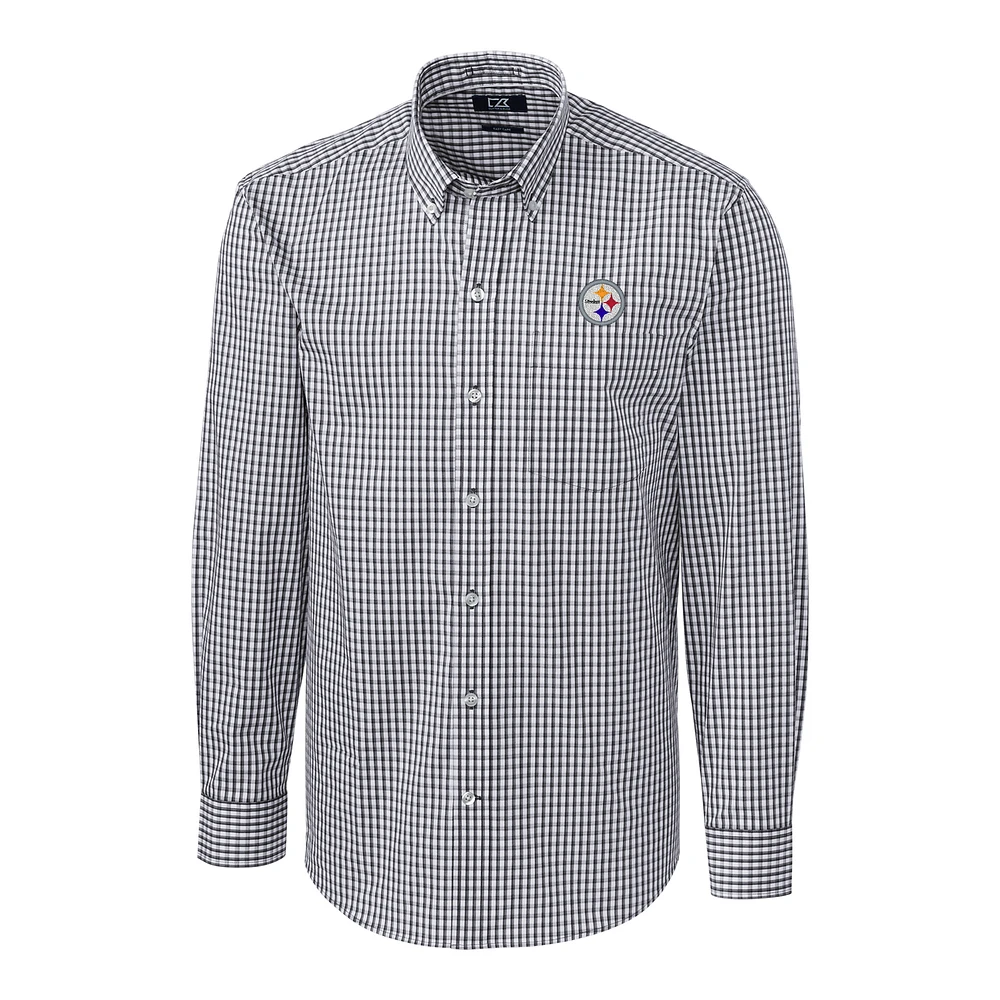 Men's Cutter & Buck Charcoal Pittsburgh Steelers Big Tall Stretch Gingham Long Sleeve Woven Button Down Shirt