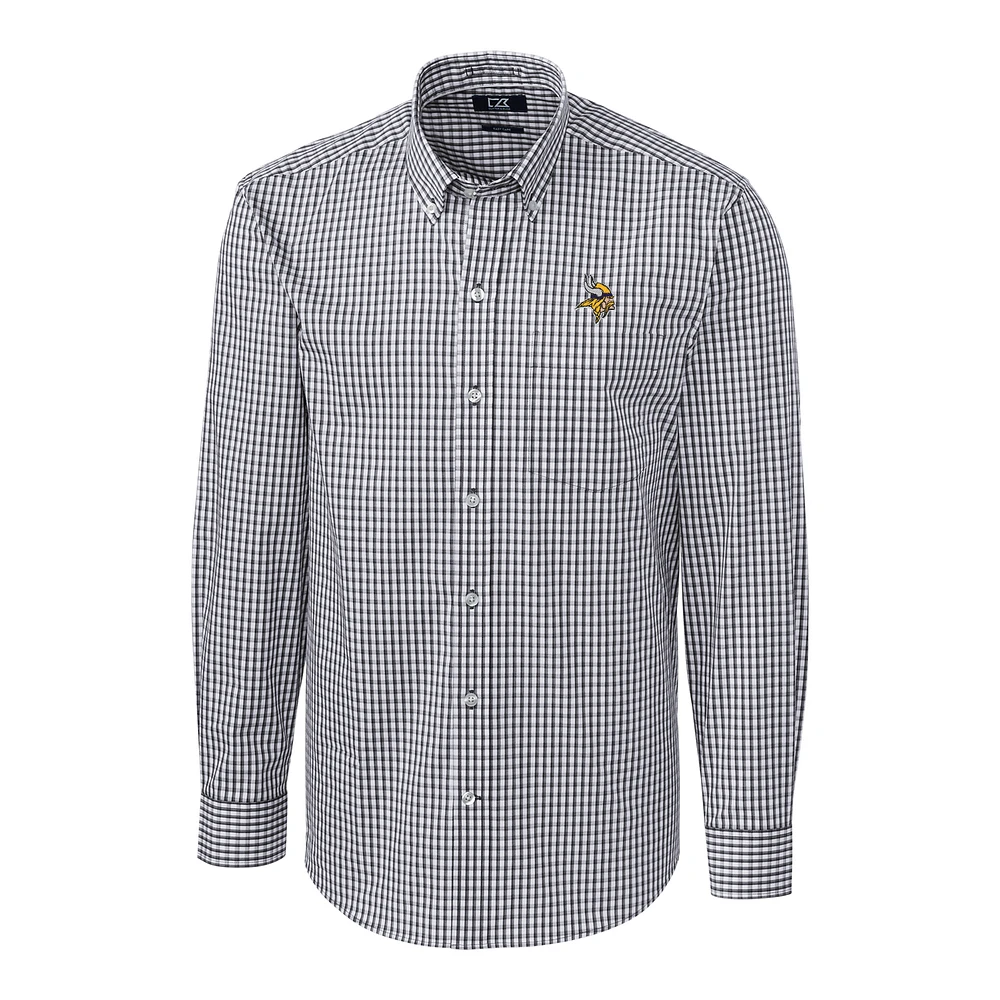Men's Cutter & Buck Charcoal Minnesota Vikings Big Tall Stretch Gingham Long Sleeve Woven Button Down Shirt