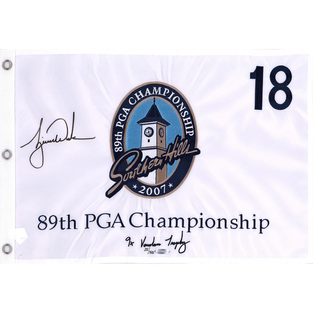 Tiger Woods Autographed 2007 PGA Championship Pin Flag with Embroidered Stats - Upper Deck