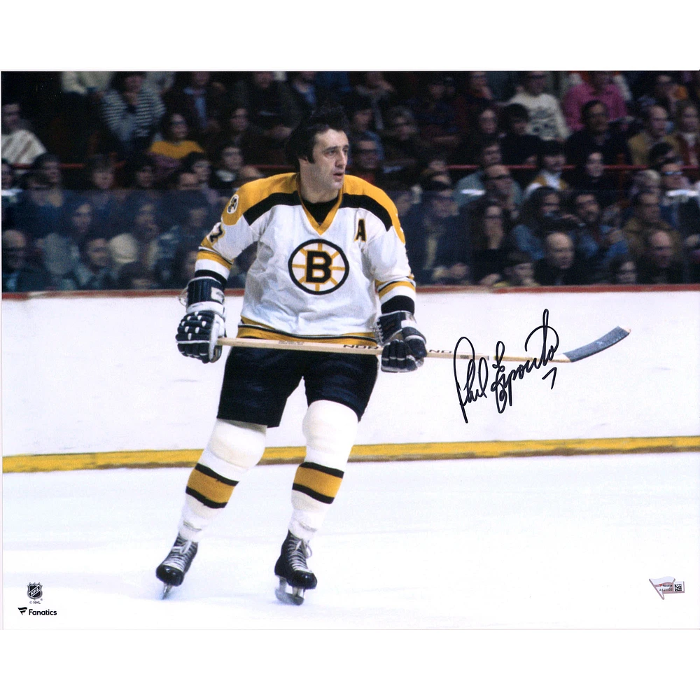 Phil Esposito Boston Bruins Autographed 16" x 20" White Jersey Skating Horizontal Photograph