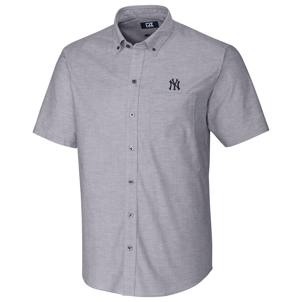 New York Yankees Cutter & Buck Short Sleeve Stretch Oxford Button-Down Shirt - Charcoal