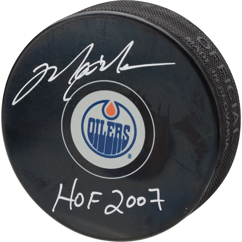 Mark Messier Edmonton Oilers Autographed Hockey Puck with "HOF 2007" Inscription