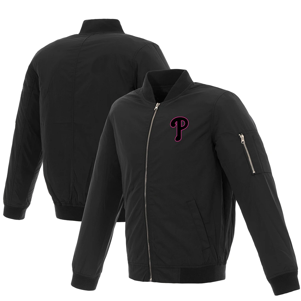Philadelphia Phillies JH Design Women's Nylon Bomber Jacket - Black/Pink